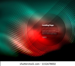 Neon glowing techno lines, hi-tech futuristic abstract background template with circles, landing page template. Vector illustration