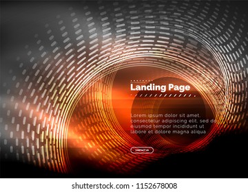 Neon glowing techno lines, hi-tech futuristic abstract background template with circles, landing page template. Vector illustration