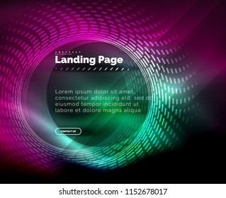 Neon glowing techno lines, hi-tech futuristic abstract background template with circles, landing page template. Vector illustration