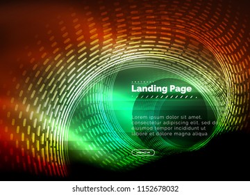 Neon glowing techno lines, hi-tech futuristic abstract background template with circles, landing page template. Vector illustration