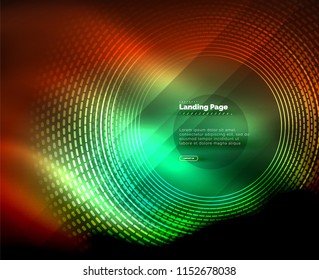 Líneas tecno brillantes neón, plantilla de fondo abstracto de alta tecnología futurista con círculos, plantilla de página de aterrizaje. Ilustración del vector