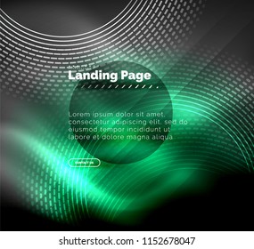 Neon glowing techno lines, hi-tech futuristic abstract background template with circles, landing page template. Vector illustration
