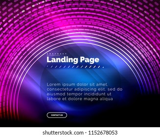 Neon glowing techno lines, hi-tech futuristic abstract background template with circles, landing page template. Vector illustration