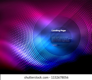 Líneas tecno brillantes, plantilla de fondo abstracto de alta tecnología futurista con círculos, plantilla de página de inicio. Ilustración del vector