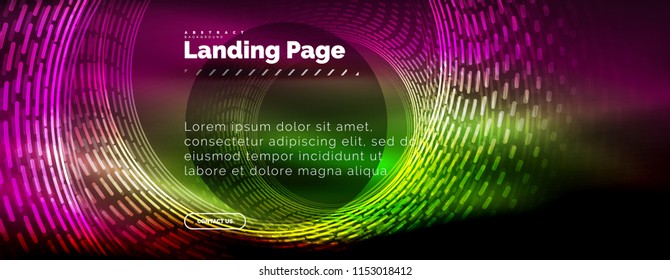 Neon glowing techno lines, hi-tech futuristic abstract background template with circles, landing page template. Vector illustration