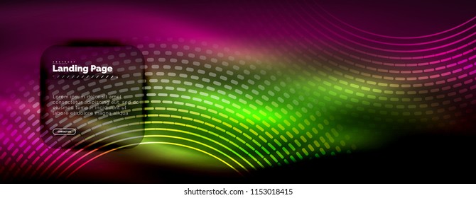 Neon glowing techno lines, hi-tech futuristic abstract background template with circles, landing page template. Vector illustration