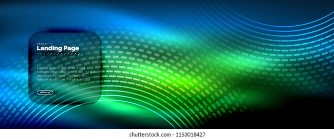 Neon glowing techno lines, hi-tech futuristic abstract background template with circles, landing page template. Vector illustration