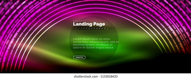 Neon glowing techno lines, hi-tech futuristic abstract background template with circles, landing page template. Vector illustration