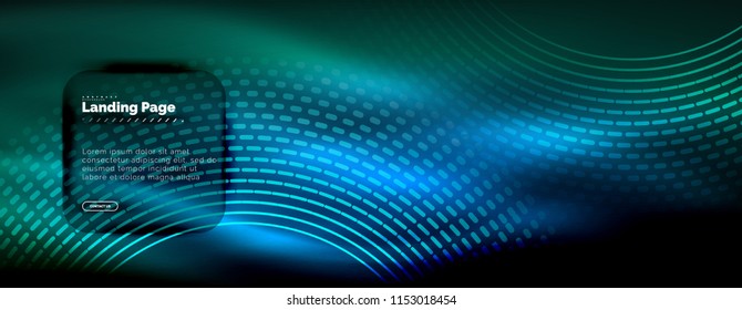 Neon glowing techno lines, hi-tech futuristic abstract background template with circles, landing page template. Vector illustration