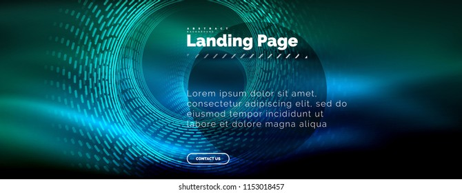 Líneas tecno brillantes neón, plantilla de fondo abstracto de alta tecnología futurista con círculos, plantilla de página de aterrizaje. Ilustración del vector