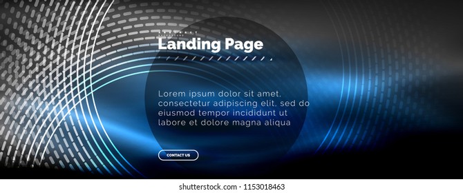Neon glowing techno lines, hi-tech futuristic abstract background template with circles, landing page template. Vector illustration