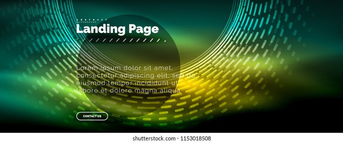 Líneas tecno brillantes neón, plantilla de fondo abstracto de alta tecnología futurista con círculos, plantilla de página de aterrizaje. Ilustración del vector