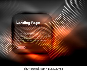 Líneas tecno brillantes neón, plantilla de fondo abstracto de alta tecnología futurista con círculos, plantilla de página de aterrizaje. Ilustración del vector
