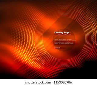 Líneas tecno brillantes neón, plantilla de fondo abstracto de alta tecnología futurista con círculos, plantilla de página de aterrizaje. Ilustración del vector