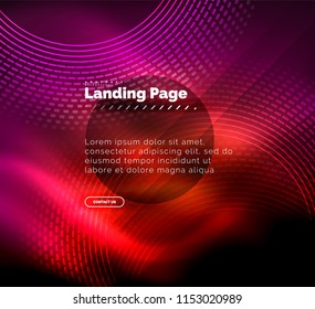 Líneas tecno brillantes neón, plantilla de fondo abstracto de alta tecnología futurista con círculos, plantilla de página de aterrizaje. Ilustración del vector