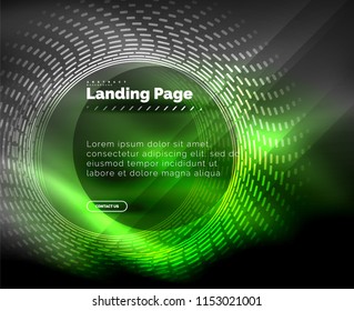 Neon leuchtende Techno-Linien, High-Tech-futuristische abstrakte Hintergrund-Vorlage mit Kreisen, Landing Page Template. Vektorgrafik