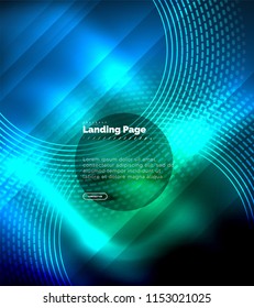 Líneas tecno brillantes neón, plantilla de fondo abstracto de alta tecnología futurista con círculos, plantilla de página de aterrizaje. Ilustración del vector