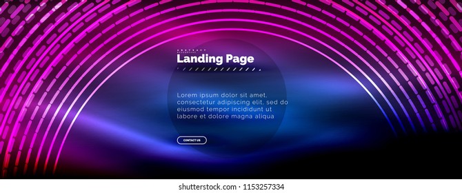 Neon glowing techno lines, hi-tech futuristic abstract background template with circles, landing page template. Vector illustration