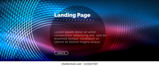Neon glowing techno lines, hi-tech futuristic abstract background template with circles, landing page template. Vector illustration