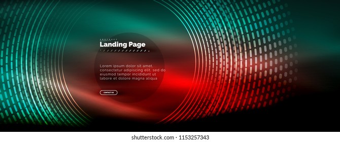 Neon glowing techno lines, hi-tech futuristic abstract background template with circles, landing page template. Vector illustration