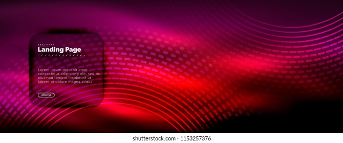Líneas tecno brillantes neón, plantilla de fondo abstracto de alta tecnología futurista con círculos, plantilla de página de aterrizaje. Ilustración del vector