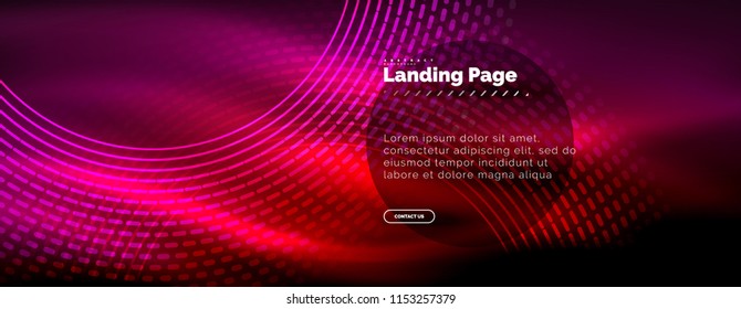 Neon glowing techno lines, hi-tech futuristic abstract background template with circles, landing page template. Vector illustration