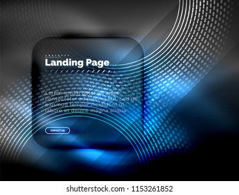 Neon glowing techno lines, hi-tech futuristic abstract background template with circles, landing page template. Vector illustration