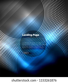 Neon glowing techno lines, hi-tech futuristic abstract background template with circles, landing page template. Vector illustration