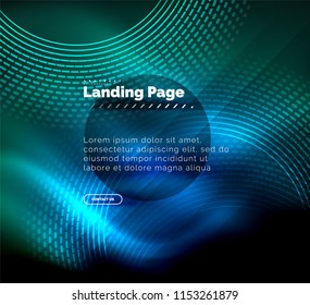 Neon glowing techno lines, hi-tech futuristic abstract background template with circles, landing page template. Vector illustration