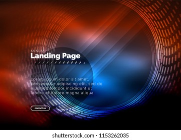 Neon glowing techno lines, hi-tech futuristic abstract background template with circles, landing page template. Vector illustration