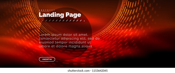 Neon glowing techno lines, hi-tech futuristic abstract background template with circles, landing page template. Vector illustration