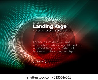 Líneas tecno brillantes neón, plantilla de fondo abstracto de alta tecnología futurista con círculos, plantilla de página de aterrizaje. Ilustración del vector