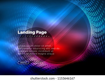 Neon glowing techno lines, hi-tech futuristic abstract background template with circles, landing page template. Vector illustration