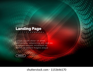 Neon leuchtende Techno-Linien, High-Tech-futuristische abstrakte Hintergrund-Vorlage mit Kreisen, Landing Page Template. Vektorgrafik
