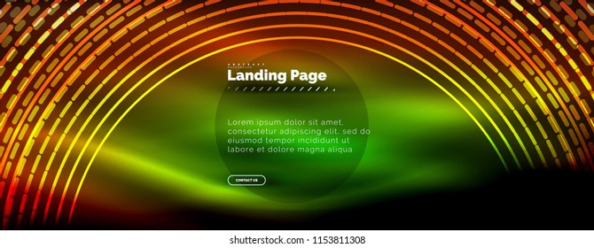 Neon leuchtende Techno-Linien, High-Tech-futuristische abstrakte Hintergrund-Vorlage mit Kreisen, Landing Page Template. Vektorgrafik