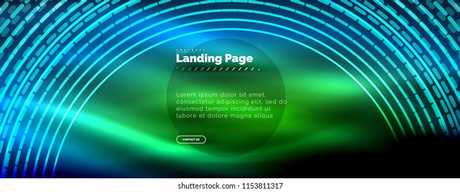 Líneas tecno brillantes neón, plantilla de fondo abstracto de alta tecnología futurista con círculos, plantilla de página de aterrizaje. Ilustración del vector