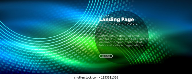 Neon glowing techno lines, hi-tech futuristic abstract background template with circles, landing page template. Vector illustration