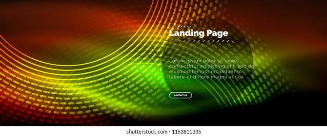 Neon glowing techno lines, hi-tech futuristic abstract background template with circles, landing page template. Vector illustration