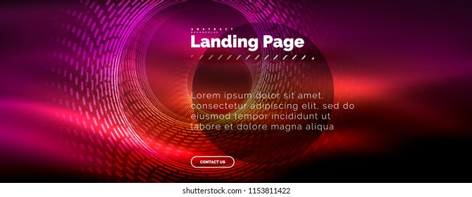 Neon glowing techno lines, hi-tech futuristic abstract background template with circles, landing page template. Vector illustration
