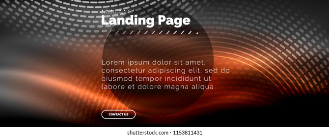 Neon glowing techno lines, hi-tech futuristic abstract background template with circles, landing page template. Vector illustration