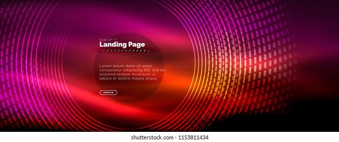 Neon glowing techno lines, hi-tech futuristic abstract background template with circles, landing page template. Vector illustration