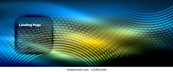 Neon glowing techno lines, hi-tech futuristic abstract background template with circles, landing page template. Vector illustration