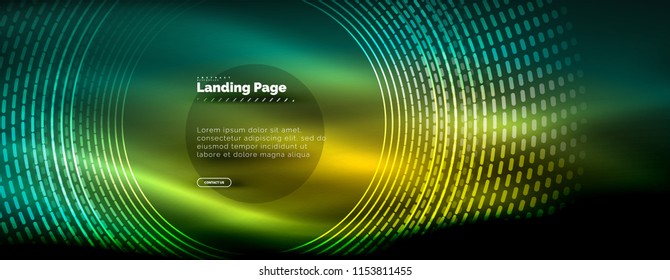 Neon glowing techno lines, hi-tech futuristic abstract background template with circles, landing page template. Vector illustration