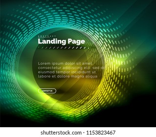 Líneas tecno brillantes neón, plantilla de fondo abstracto de alta tecnología futurista con círculos, plantilla de página de aterrizaje. Ilustración del vector