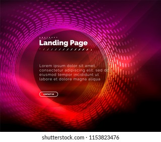 Neon gloeiende techno lijnen, hi-tech futuristische abstracte achtergrond template met cirkels, landingspagina template. Vectorillustratie