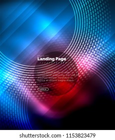 Neon glowing techno lines, hi-tech futuristic abstract background template with circles, landing page template. Vector illustration