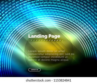 Neon glowing techno lines, hi-tech futuristic abstract background template with circles, landing page template. Vector illustration