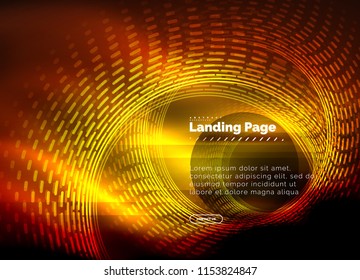 Neon glowing techno lines, hi-tech futuristic abstract background template with circles, landing page template. Vector illustration