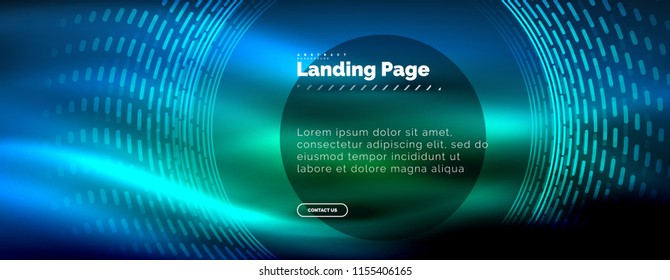 Neon leuchtende Techno-Linien, High-Tech-futuristische abstrakte Hintergrund-Vorlage mit Kreisen, Landing Page Template. Vektorgrafik