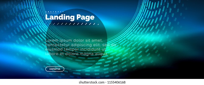 Neon glowing techno lines, hi-tech futuristic abstract background template with circles, landing page template. Vector illustration